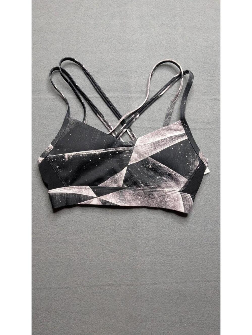 Reebok Sports Bra Womens S Black Geometric Print Strappy Crossback Yoga Workout - Picture 1 of 6